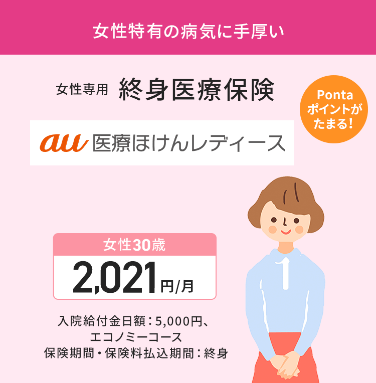 女性特有の病気に手厚い 女性専用 終身医療保険 au医療ほけんレディース 女性 30歳 2,021円/月 入院給付金日額:5,000円、エコノミーコース 保険期間・保険料払込期間:終身 Pontaポイントがたまる!