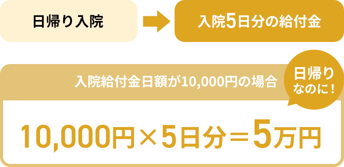 日帰り入院→入院5日分の給付金 入院給付金日額が10,000円の場合10,000円×5日分＝5万円 日帰りなのに！