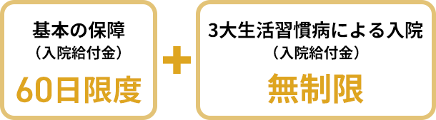 基本の保障（入院給付金）60日限度+3大生活習慣病による入院（入院給付金）無制限