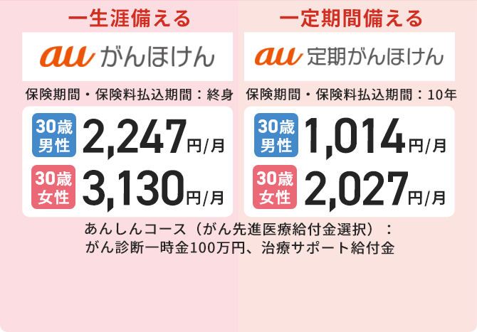 一生涯備える auがんほけん 保険期間・保険料払込期間：終身 30歳男性:2,247円/月 30歳女性:3,130円/月 一定期間備える au定期がんほけん 保険期間・保険料払込期間：10年 30歳男性:1,014円/月 30歳女性:2,027円/月 あんしんコース（がん先進医療給付金選択）：がん診断一時金100万円、治療サポート給付金