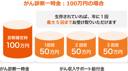 がん診断一時金：100万円の場合　がん一時診断金：診断確定時100万円　がん収入サポート給付金（生存されていれば、年に1回最大5回までお受け取りいただけます）：1回目50万円、2回目50万円、3回目50万円・・・