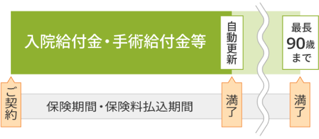 入院給付金・手術給付金等。ご契約。保険期間・保険料払込期間。満了。自動更新。長年90歳まで。満了。