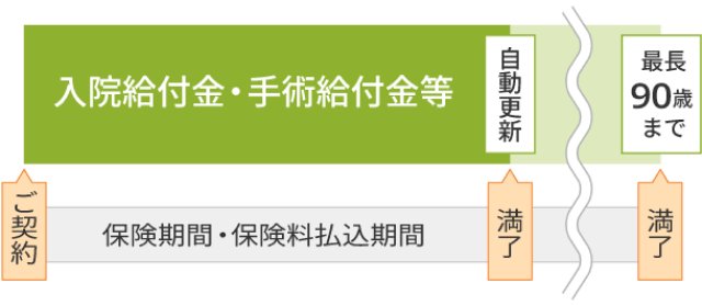 入院給付金・手術給付金等。ご契約。保険期間・保険料払込期間。満了。自動更新。長年90歳まで。満了。